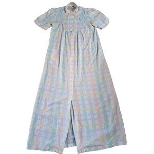 Womens Vintage Robe Full Length Pastel Plaid Short Sleeve Snaps Pockets M